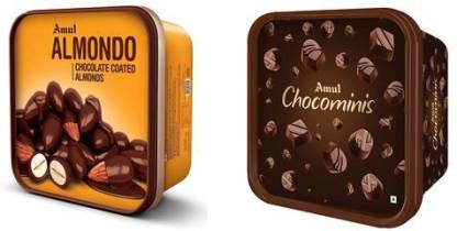The image showcases Amul Chocomini & Almondo Chocolates Bars