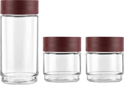 cello Modustack Glassy Storage Jar, Set of 3(500mlx2+1000ml) – 1000 ml Glass Utility Container  (Pack of 3, Maroon)