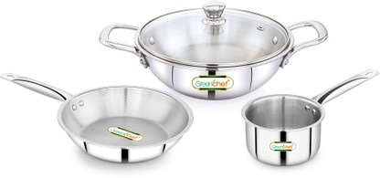 Greenchef Crest Triply Cookware combo(Kadhai glass lid 22CM, Sauce pan 14CM, Fry pan 22CM) Induction Bottom Cookware Set