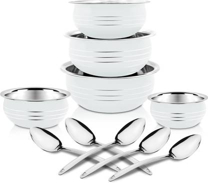 Classic Essentials White Coloured Stainless Steel Handi/patila/bhagona/biryani cook & serve Induction Bottom Cookware Set  (Stainless Steel, 10 – Piece)