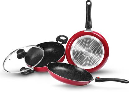 MILTON Pro Cook Kitchen Jewel Set of 3 (Fry pan; Kadhai with glass lid & Tawa), Maroon Induction Bottom Non-Stick Coated Cookware Set  (Aluminium, 3 – Piece)