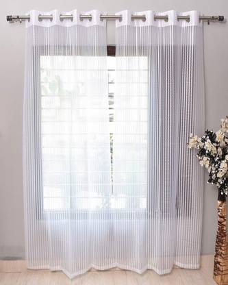Panipat Textile Hub 150 cm (5 ft) Net Semi Transparent Window Curtain (Pack Of 2)  (Striped, White)