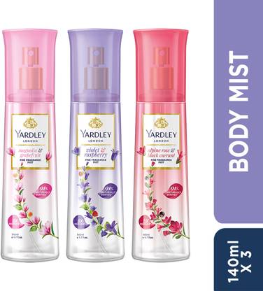 Yardley London (Alpine Rose & Black Currant, Magnolia & Grapefruit, Violet & Raspberry) Body Mist  –  For Women  (420 ml, Pack of 3)