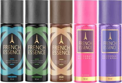 FRENCH ESSENCE Deodorant Body Spray, (Pack of 5- Bloom, Oud, Grace, Recharge, Triumph) Deodorant Spray – For Men & Women  (250 ml, Pack of 5)