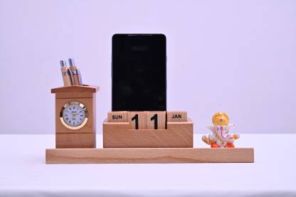  | SURYAATC 2 Compartments Wooden Glossy Polished Finished  House Penstand With Mobile/Card Holder Calendar with Clock With Ganesha -  House Penstand With Mobile/Card Holder Calendar with Clock With Ganesha