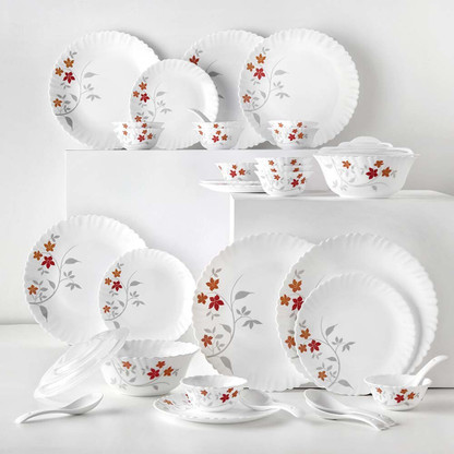 Larah by Borosil Pack of 34 Opalware Galaxy Rosalie Crockey Set for Dining & Gifting, Plate & Bowl Dinner Set