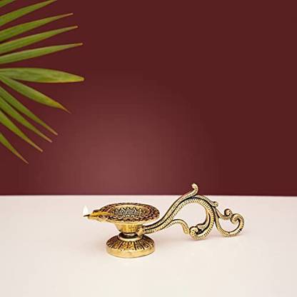 DecorTwist Brass Handcrafted Diya With Handle For Home Temple, Oil Wick ...