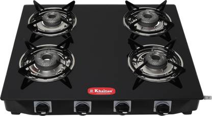 Khaitan 4 Burner Active Forge Black Toughened Glass Manual Gas Stove  (4 Burners)
