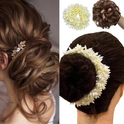 Unique Creations Brown Messy Bun With White Mogra Gajra Rubber band for  Wedding Hairstyle Bridal Hair Accessory Set Price in India - Buy Unique  Creations Brown Messy Bun With White Mogra Gajra