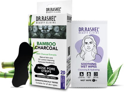 DR.RASHEL Bamboo charcoal 10 Nose Strips and 10 Wet Wipes Blackhead & Whitehead remover Strips