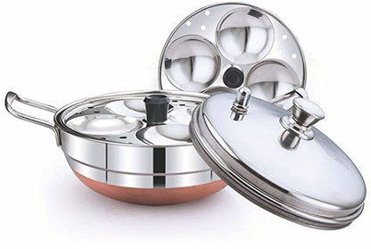 KSJONE Stainless Steel 4-Piece Multi Kadai (Induction Friendly) with Stainless Steel Lid, 2 Idli Plates (8 Idlis), 1 Patra Plate, Silver