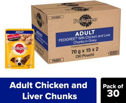 Pedigree Wet Food for Adult Dogs  Chicken & Liver Chunks in Gravy Flavour, (30 x 70g)
