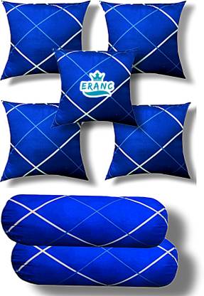 VILLAGERS Combo Set Of 5 Cushion 2 Bolsters Polyester Fibre Abstract Cushion Pack of 7  (Blue)