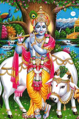 Religious Cow hindu religious Kamdhenu Cow with lord krishna canvas print poster Fine ...