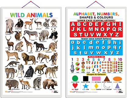 Set of 2 Wild Animals and Alphabet, Numbers, Shapes & Colours Early Learning Educational Charts for Set of 2 Wild Animals and Alphabet, Numbers, Shapes & Colours Early Learning Educational Charts for
