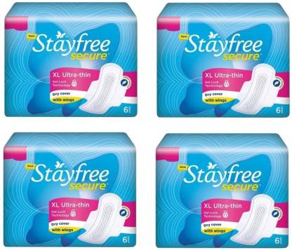 STAYFREE Secure XL Ultra Thin Sanitary napkins with Wings (6+6+6+6 ...