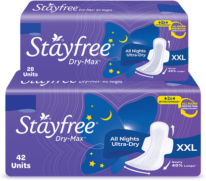 STAYFREE Dry-Max All Nights| All round protection through the night| 2x better coverage Sanitary Pad