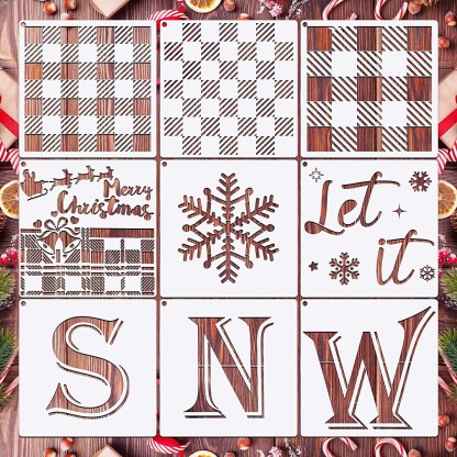 9 Pieces Buffalo Plaid Stencils Kit Reusable Christmas Stencils Snowflake Stencil Template Let It Snow Stencil with Open Ring for Painting on Wood Paper Fabric Winter Christmas 