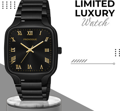 PROVOGUE 03 Square Designer Men Black Watch with Black Dial Gold Figure Stainless Steel Chain with Self Size Adjustable Analog Watch - For Men