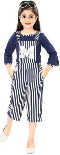 M Queen Dungaree For Girls Casual Striped Cotton Blend