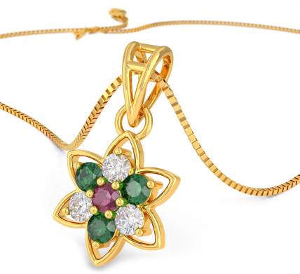 Joyalukkas Precious Pendant Florel Design 22kt Ruby, Emerald, Swarovski Yellow Gold Pendant