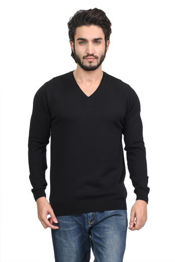 V Neck Casual Men Black Sweater 