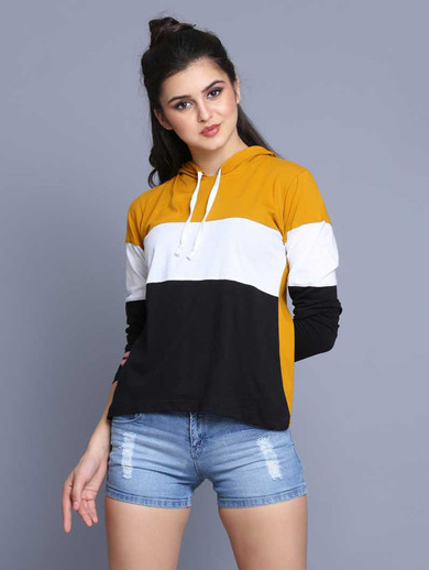Color Block Women Hooded Neck Black 