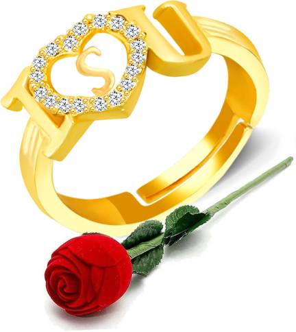 Meenaz Valentine Jewellery Stylish Heart Shape Golden I Love You Name Alphabet Letter Initial S Rings For Girls Women Girlfriend Men Boys Couples American Diamond Cz Ad Adjustable Gifts Set Lovers Design