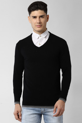 V Neck Casual Men Black Sweater 