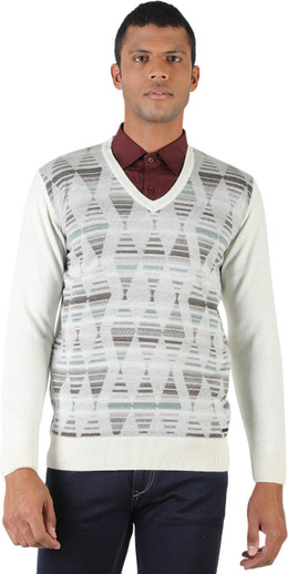 V Neck Casual Men White Sweater 