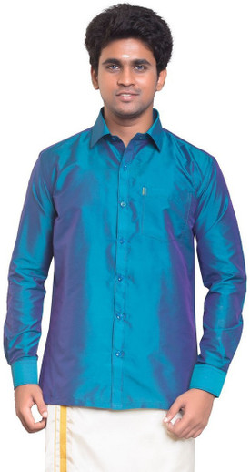 THANGAMAGAN Men Solid Formal Blue Shirt 