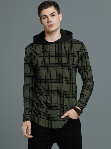 LEWEL Checkered Men Hooded Neck Green 