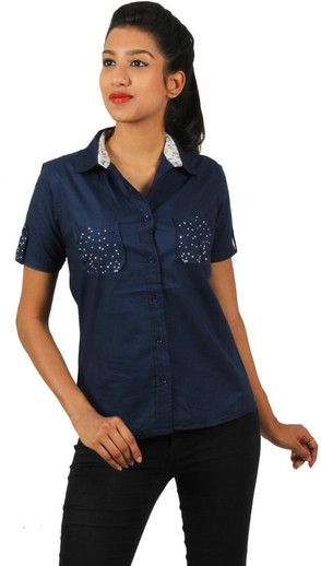 OLD KHAKI Women Solid Casual Blue Shirt 