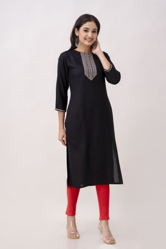 Quick Dry Cotton Plain 3/4 Sleeves V Neck Black Long Straight Ladies Kurti  at Best Price in Bhind | Rudra Collection