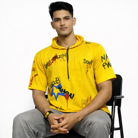 SM SHAYAM CREATION Printed, Typography Men Hooded Neck Yellow T