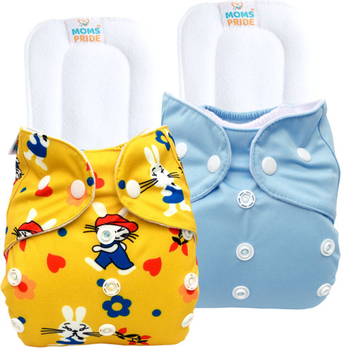 MOM'S PRIDE Reusable Solid Pocket Cloth & Printed Diaper With 2 Inserts (Yellow- Sky color)
