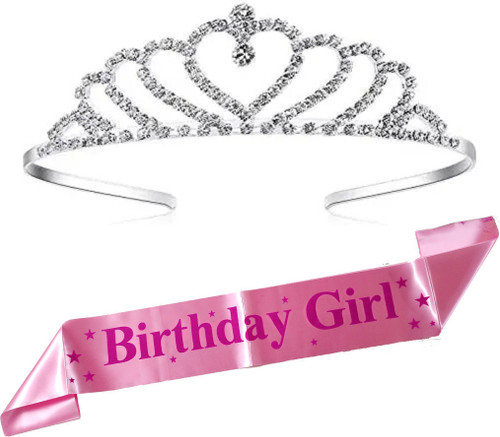 Curated Cart Birthday Girl Sashes and Crown I Rose Gold Sash I Diamond Ring Crown for Happy Birthday Girl Pack of 2 , Pink , Sliver