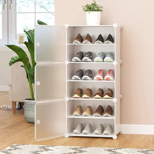 Keekos 6-Shelf-3-Door Plastic Cubort Shoe Rack Metal Collapsible Shoe Stand
