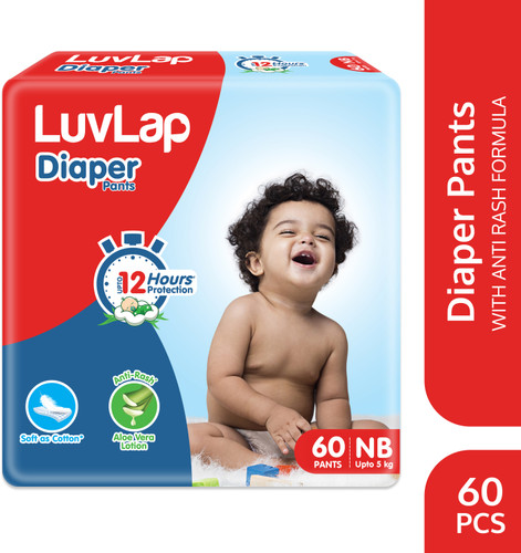 LuvLap Diaper Pants New Born (NB) 0 to 5kg, 60 Count, Baby Diaper Pants, with Aloe Vera Lotion for Rash Protection, upto 12 Hour protection - New Born