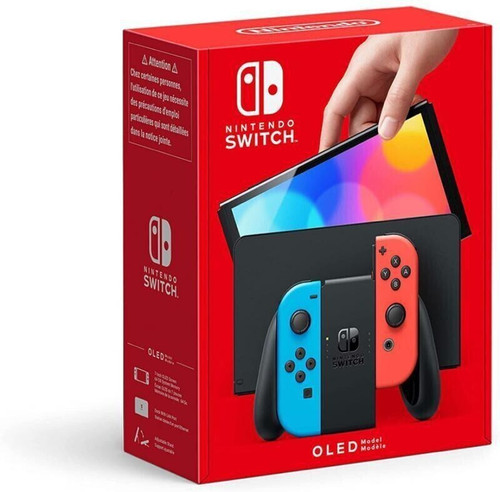 NINTENDO Switch OLED Console with Neon Blue Neon Red Joy Con 64 GB Black, No, but compatible with additional Joy-Con or Pro Controller sold separately