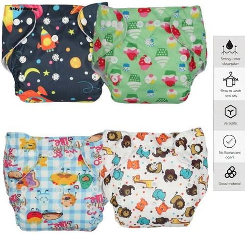 Baby Hashtag Reusable Cloth Diapers + Insert Pad, Washable, 100% Absorption,0-3 yrs (4 Pc)