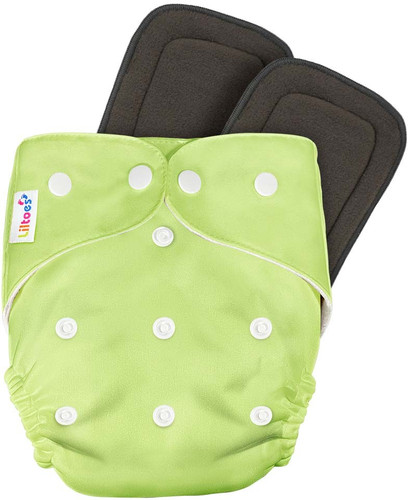 LILTOES Reusable Cloth Diaper + 2 Bamboo Charcoal Inserts - Green Color