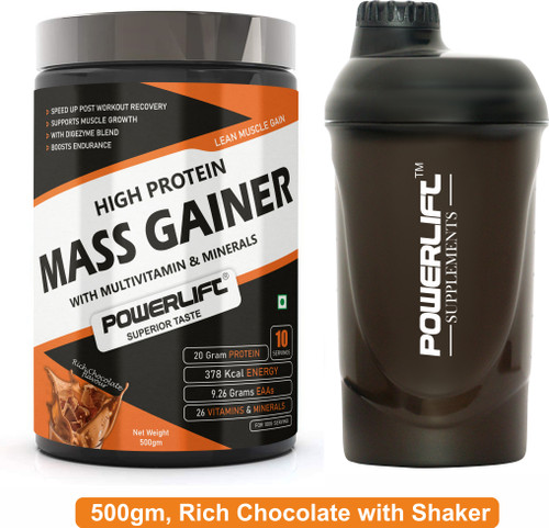 PowerLift Mass Gainer for Muscle Mass Gain Protein Powder with Shaker Weight Gainers/Mass Gainers 500 g, Rich Chocolate