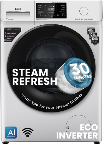 IFB 8 kg 5 Star with Steam Refresh program, 9 Swirl Wash, Eco Inverter, Touch Panel with AI Fully Automatic Front Load Washing Machine with In-built Heater Silver