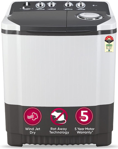 LG 7 kg 5 Star with Wind Jet Dry, Collar Scrubber and Rust Free Plastic Base Semi Automatic Top Load Washing Machine Grey, White