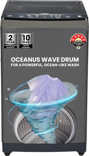 Haier 8 kg Powerful Storm Pulsator, Custom Wash Cycles with Quick Wash, Near Zero Pressure Technology, Dual Magic Filter Fully Automatic Top Load Washing Machine Black, Grey
