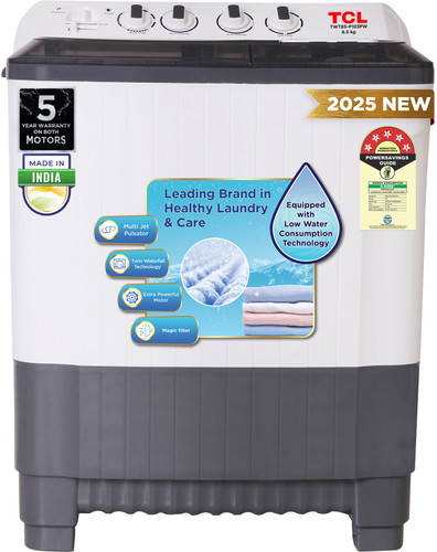 TCL 8.5 kg 5 Star with Extra Powerful Motor, Magic Filter and Fast Dry Semi Automatic Top Load Washing Machine Grey