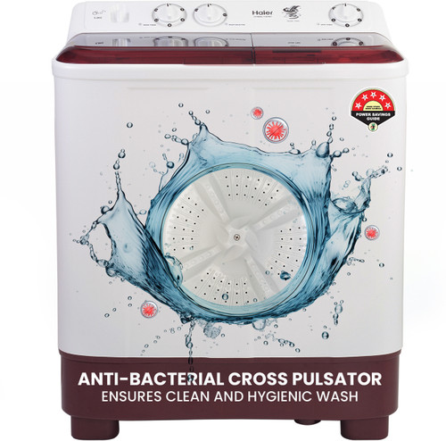 Haier 7 kg Anti Bacterial Vortex Pulsator, 1300 RPM, Spray Function, Wash Programs, Magic Filter, Rat Mesh Semi Automatic Top Load Washing Machine Maroon, White