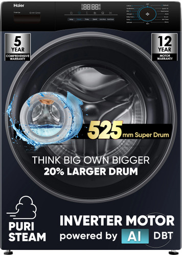 Haier 8 kg Fully Automatic Front Load Washing Machine with In-built Heater Black, Blue