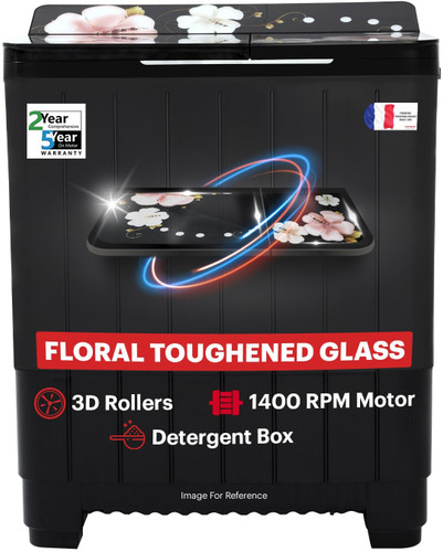 Thomson 10 kg 5 Star Aqua Magic Grande Series with Floral Toughened Glass with Soft Closure and Double Waterfall Semi Automatic Top Load Washing Machine Black, Grey